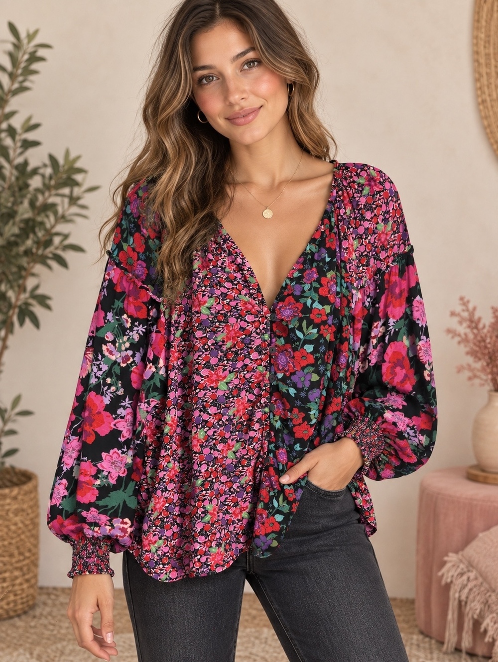 Free People Floral Pattern Viscose Blouse Size L